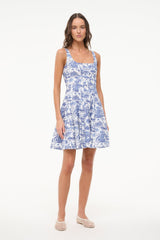 Blue toile mini dress with square neckline and fitted bodice