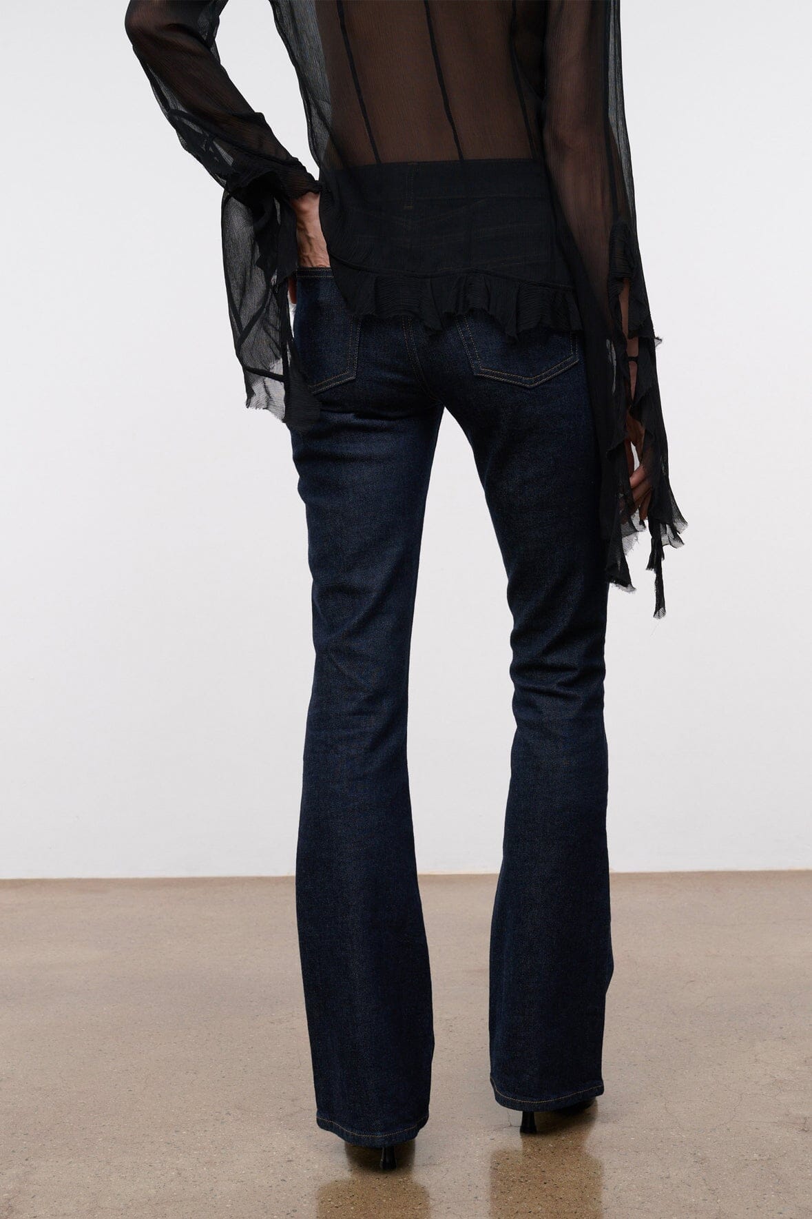 Indigo stretch flare jeans, dark wash, back yoke and pockets