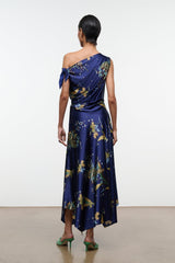 Back view: navy silk midi dress with tied shoulder and gold floral tapestry print
