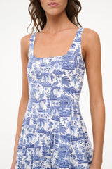 Blue toile mini dress bodice close-up with square neckline and gathered waist