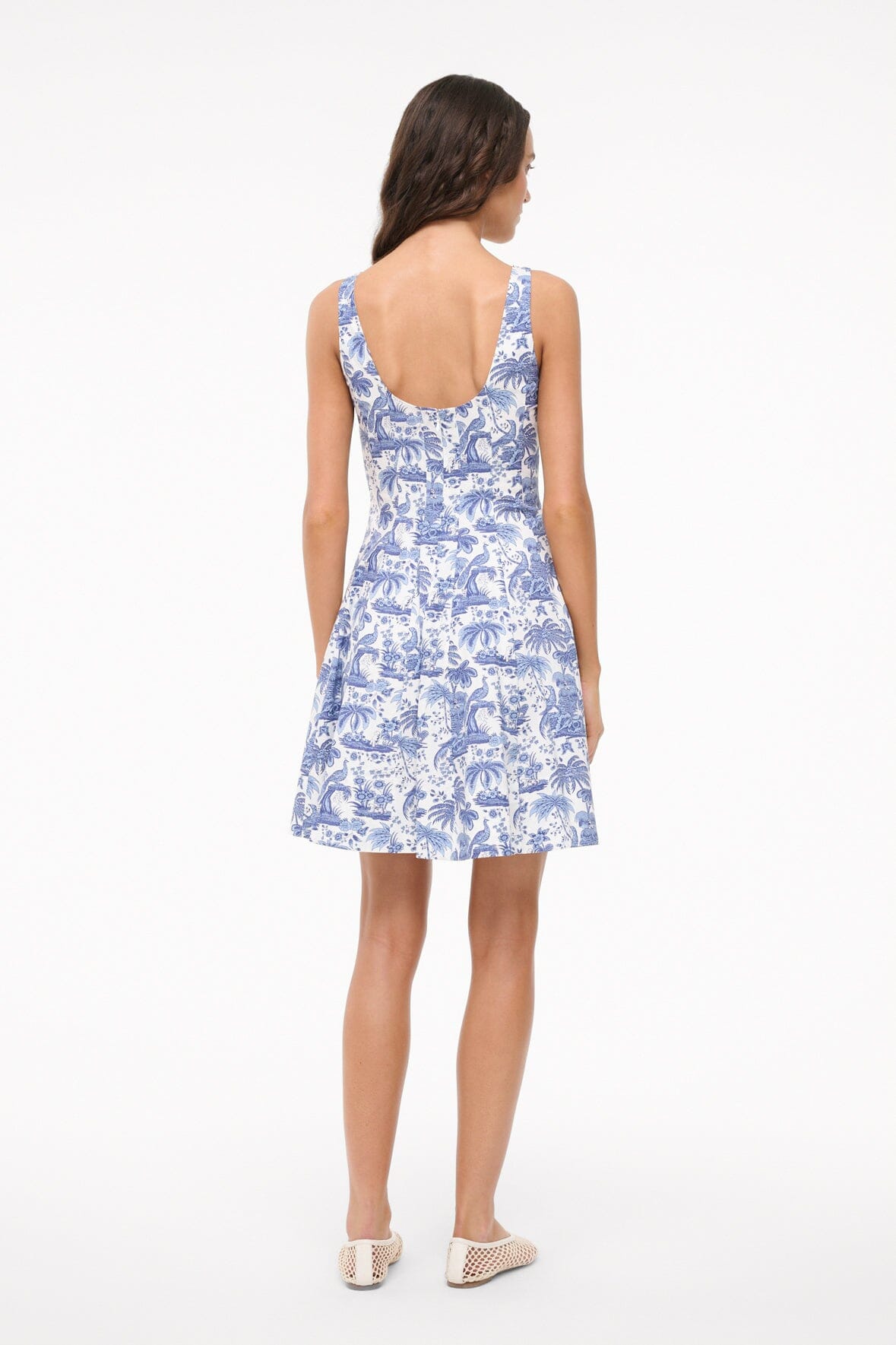 Blue toile mini dress back view with square back and spaghetti straps