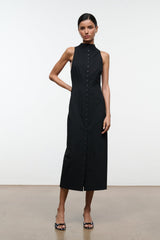 Black sleeveless midi dress with high neck and button-front detail