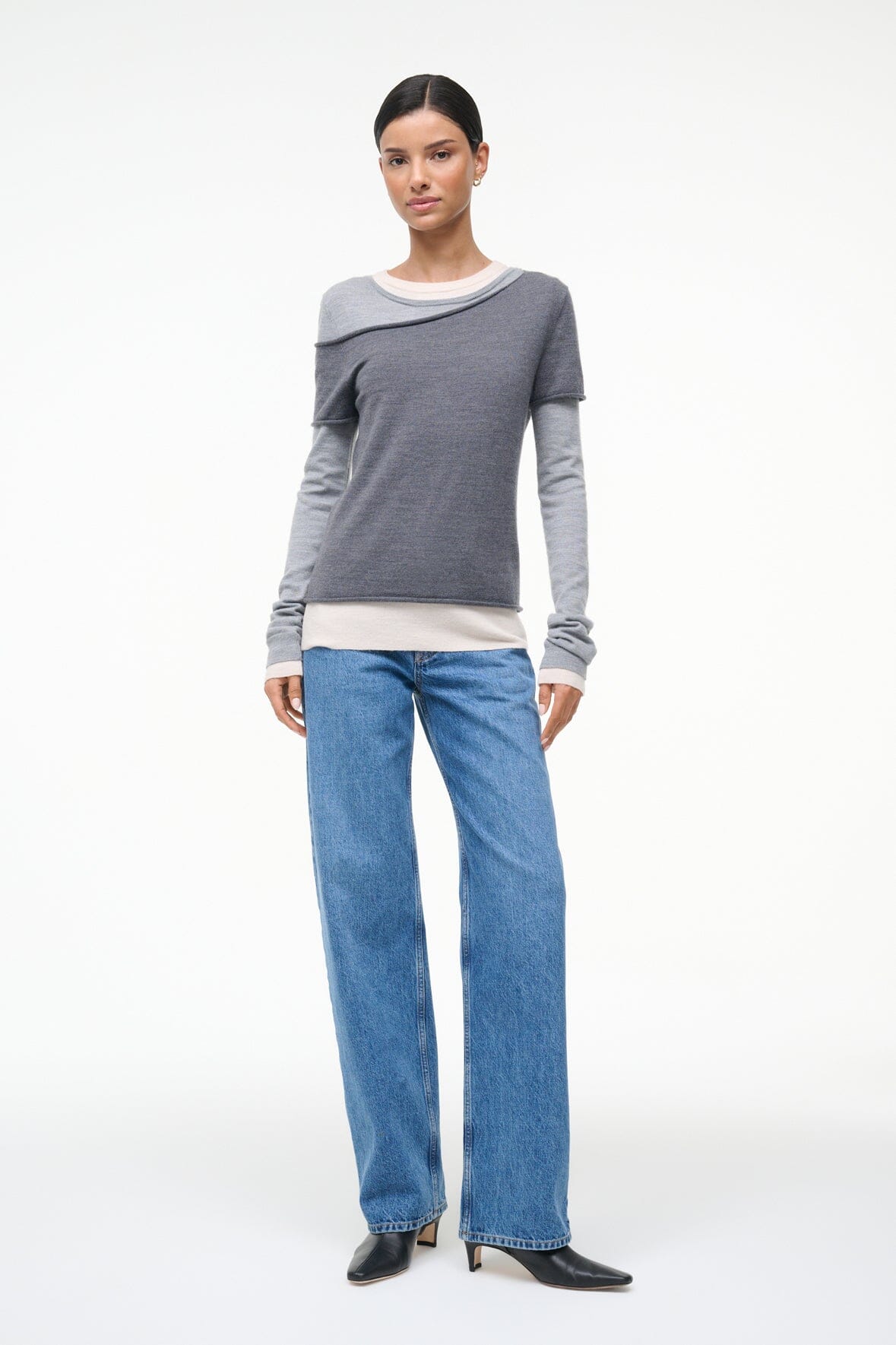 SERA heather grey long-sleeve top with off-white striped crew neckline