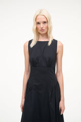 Black sleeveless midi dress with ruched waist and gathered skirt, round neckline