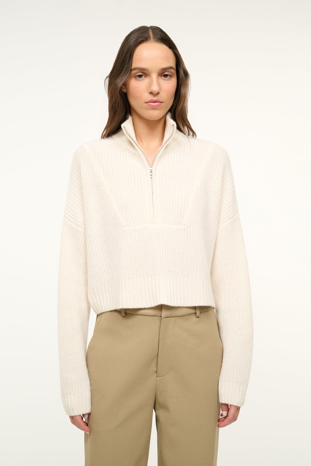 Ivory cashmere cropped sweater with half-zip and ribbed cuffs
