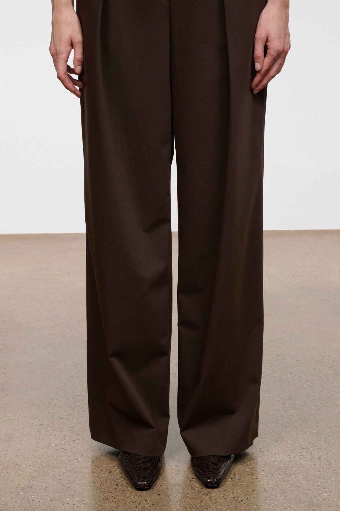 Dark brown ankle boots, pointed toe, worn with wide-leg dark trousers