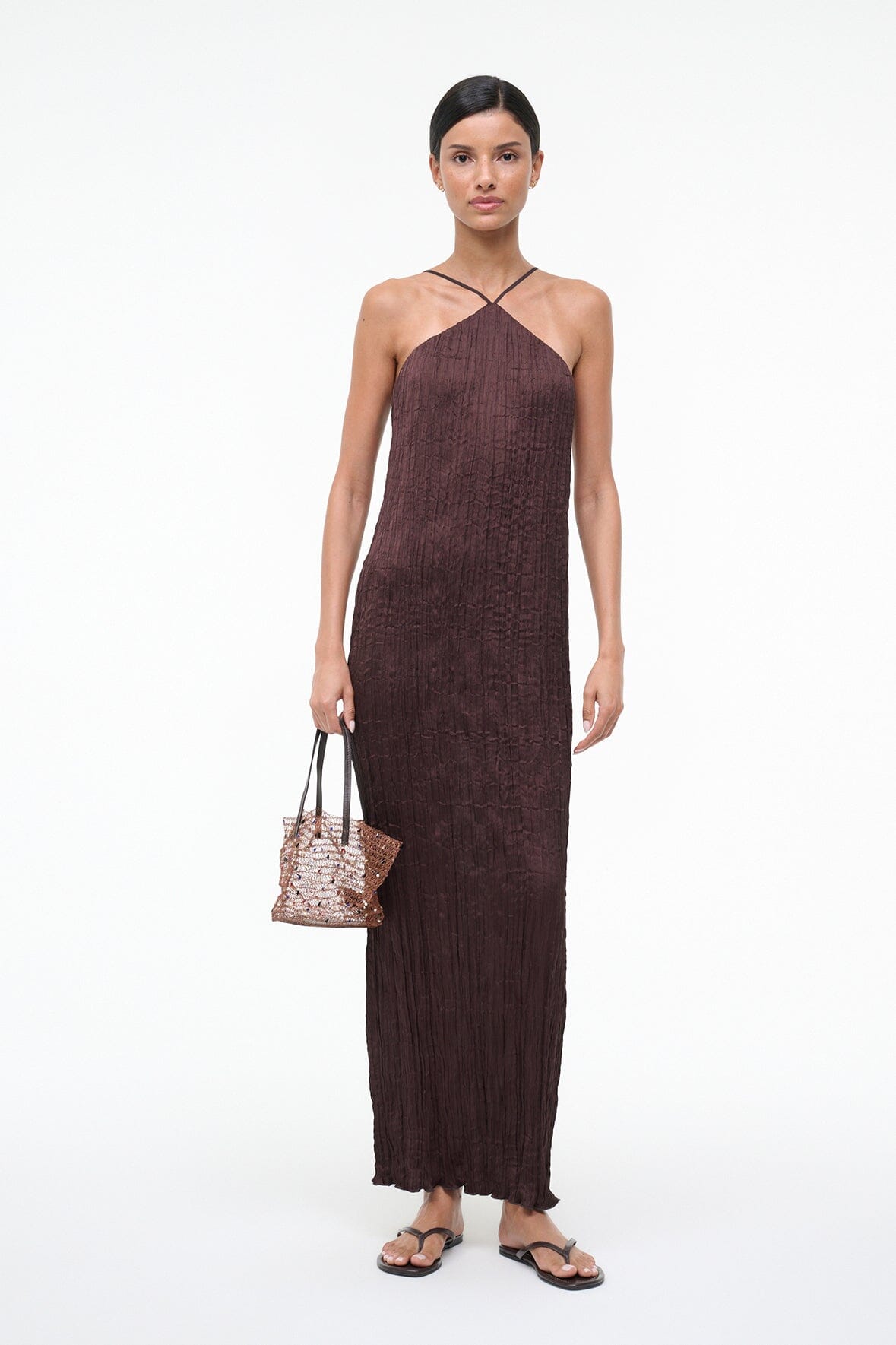 Multi-color beaded bucket bag with short top handles and open top