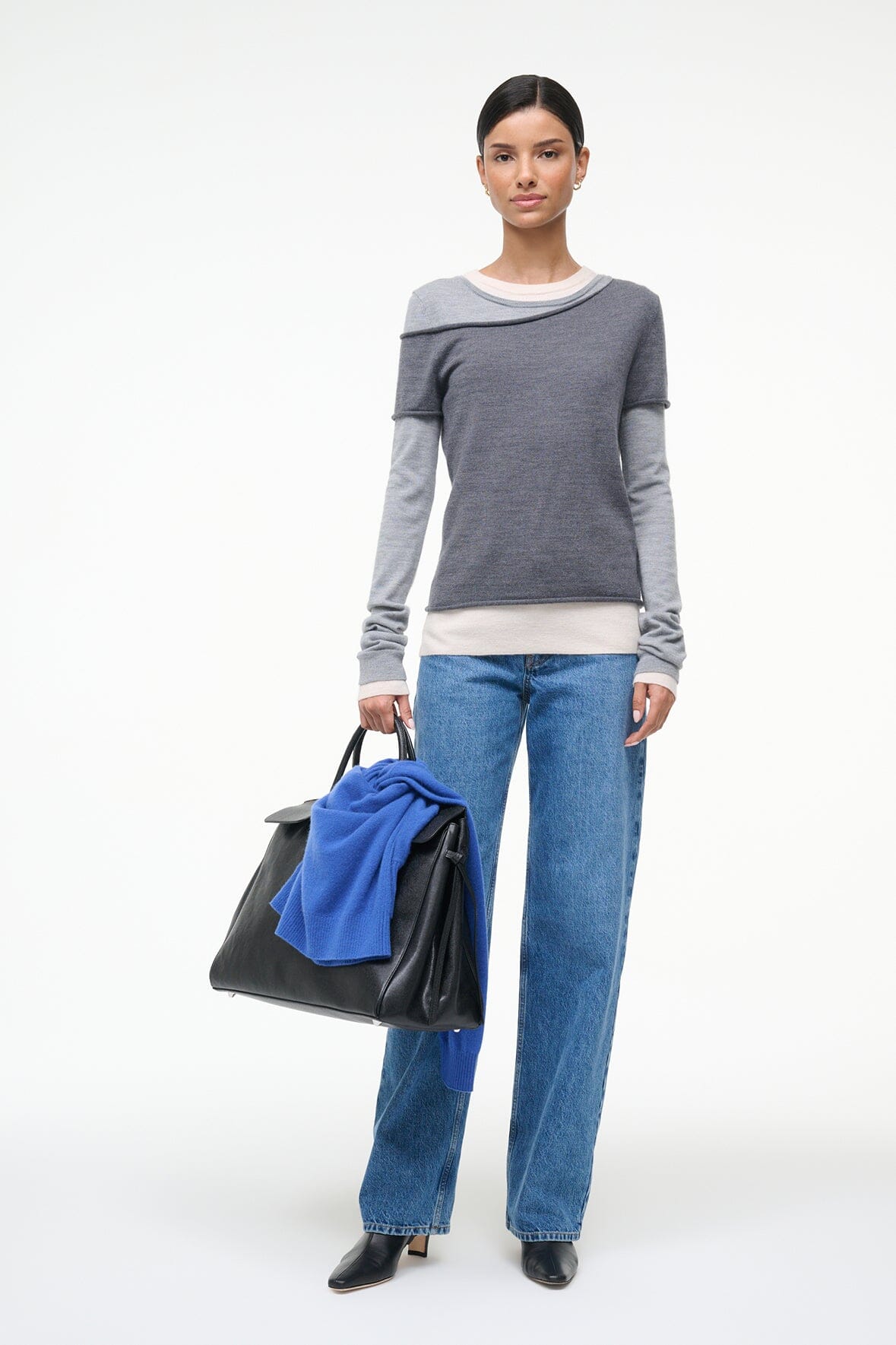 SERA heather grey long-sleeve top with off-white ribbed hem and cuffs