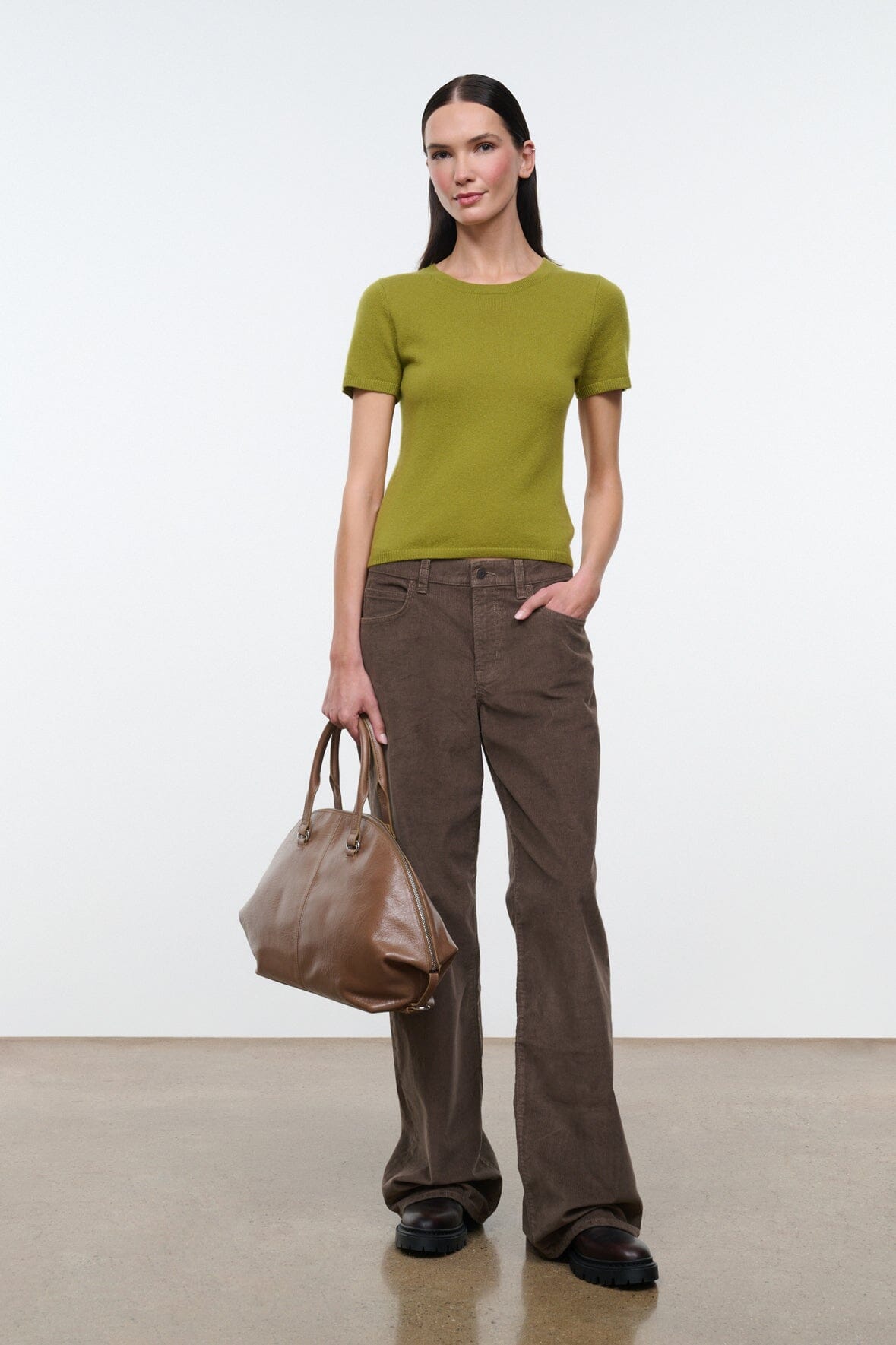 Cashmere crew-neck tee in pear green, short sleeves, side front view