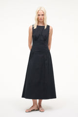 Black sleeveless midi dress with round neckline and gathered waist A-line skirt