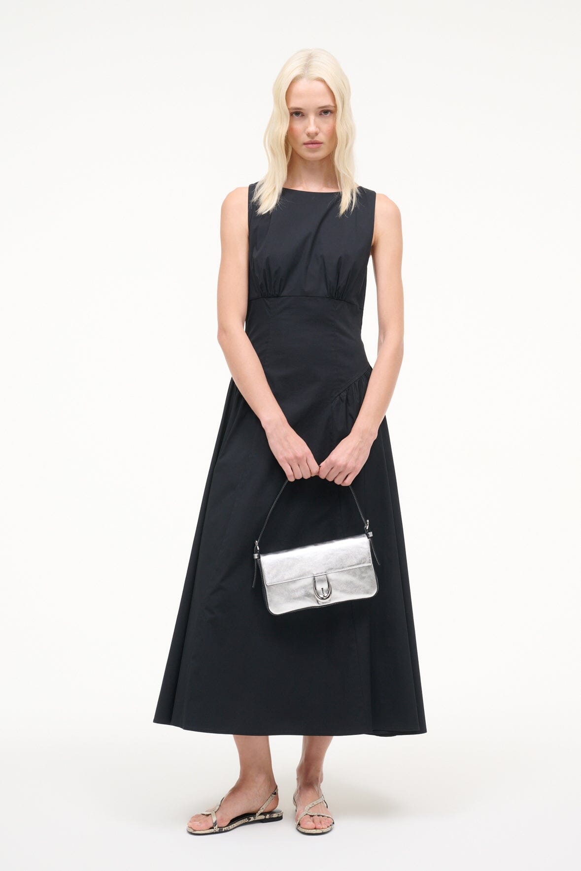 Black sleeveless midi dress with round neckline, fitted waist, gathered A-line skirt