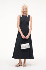 Black sleeveless midi dress with round neckline, fitted waist, gathered A-line skirt