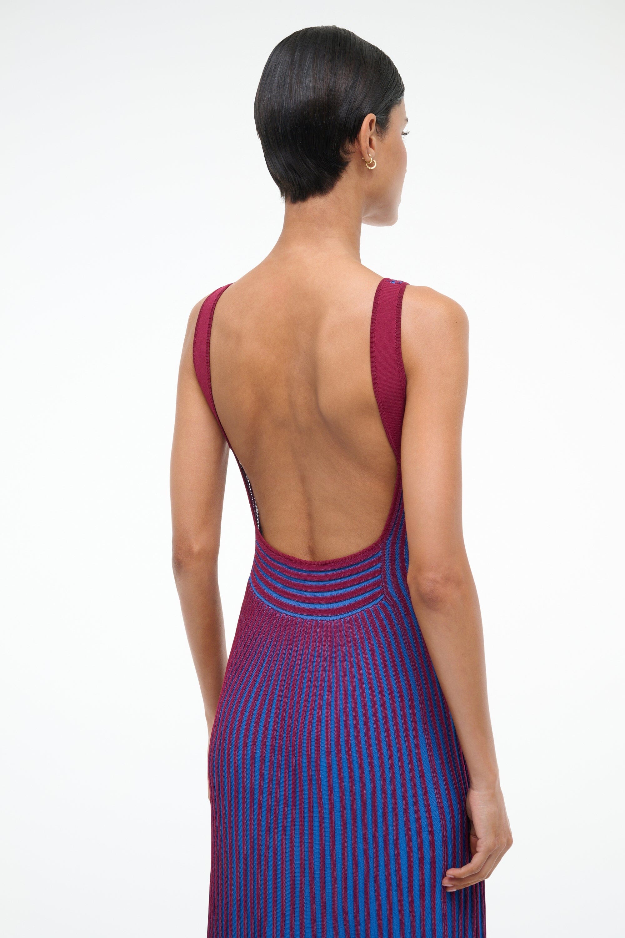 Open-back sleeveless maxi dress with thin straps and blue plus claret vertical stripes