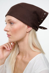 Brown headscarf with pointed knot bow and silver stud accents along side