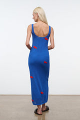 PIETRO dress in blue sleeveless midi dress with red motifs