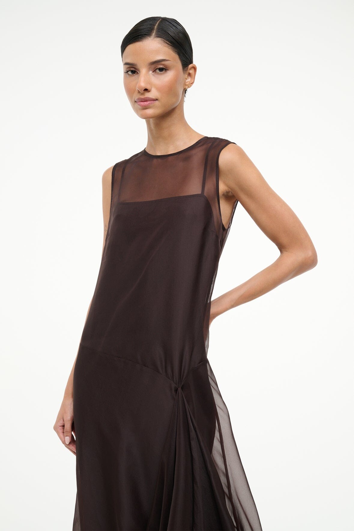 VIOLA dress in dark brown, sleeveless sheer overlay with draped asymmetrical hem