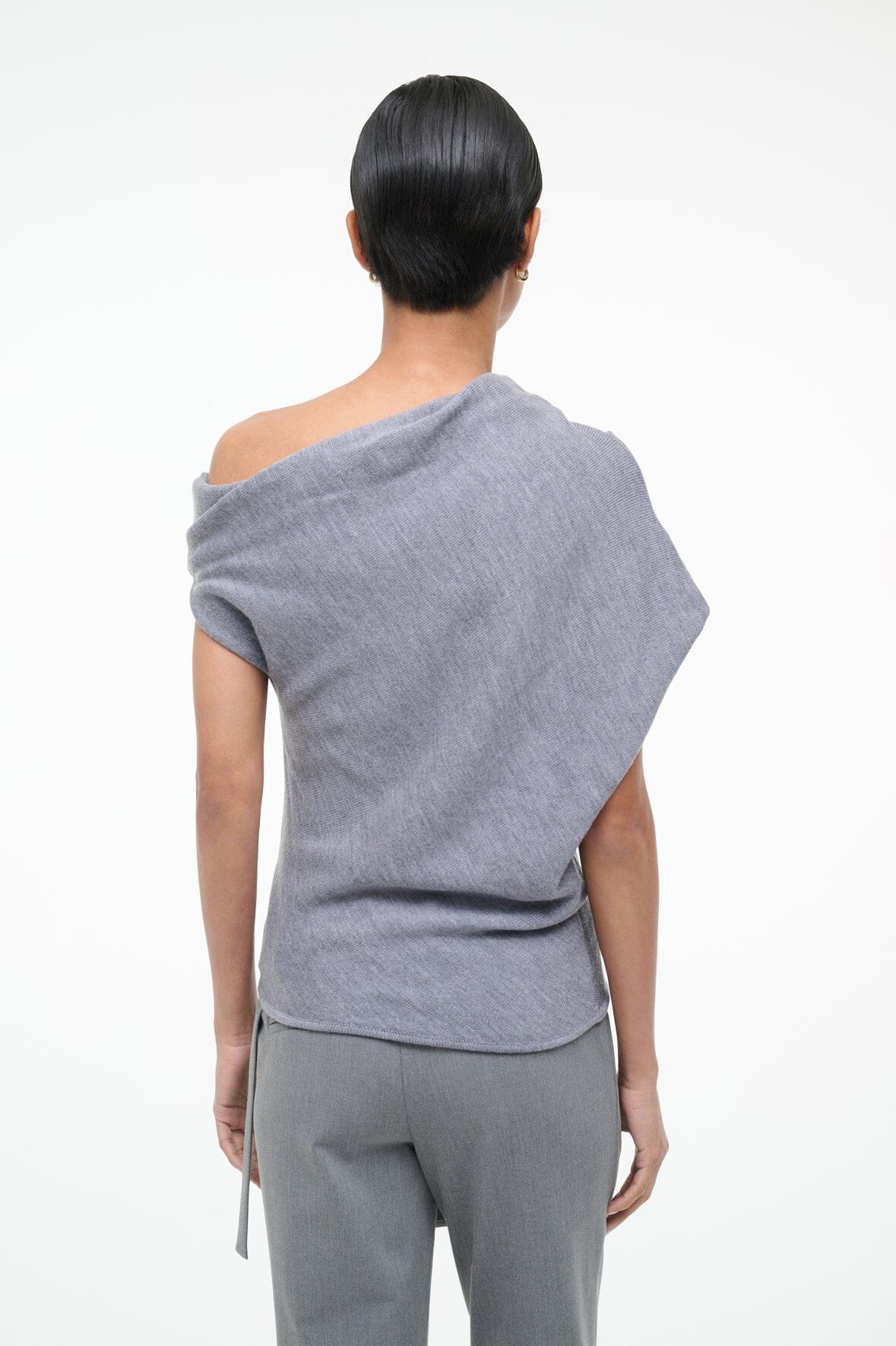 Heather-grey off-shoulder knit sweater with draped back and short sleeves