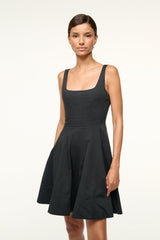 Black sleeveless mini dress with scoop neckline and pleated A-line skirt