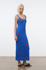 Blue sleeveless maxi dress with red fish motifs