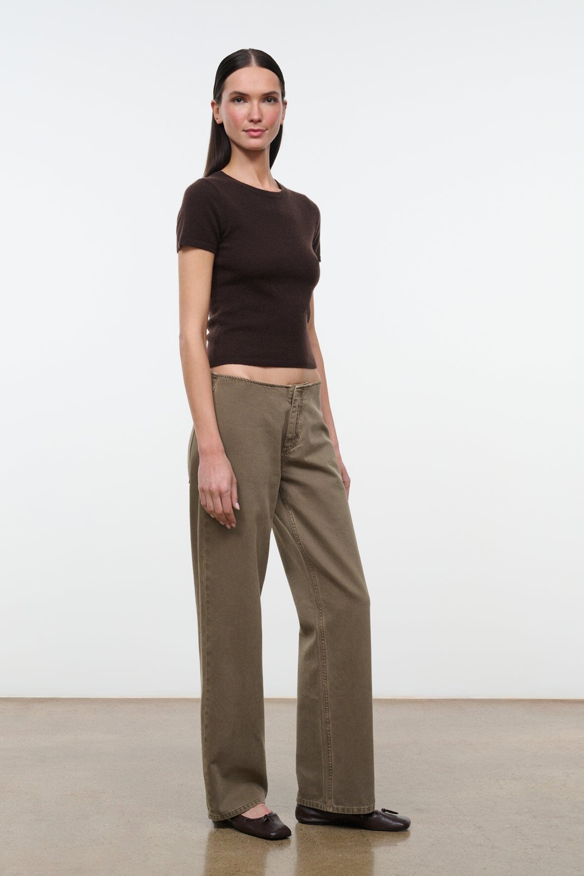 Greige straight-leg jeans with five-pocket design and stitched seams
