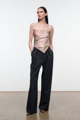 Silk scarf draped as strapless-style top, pink floral paisley print with green and gold details.