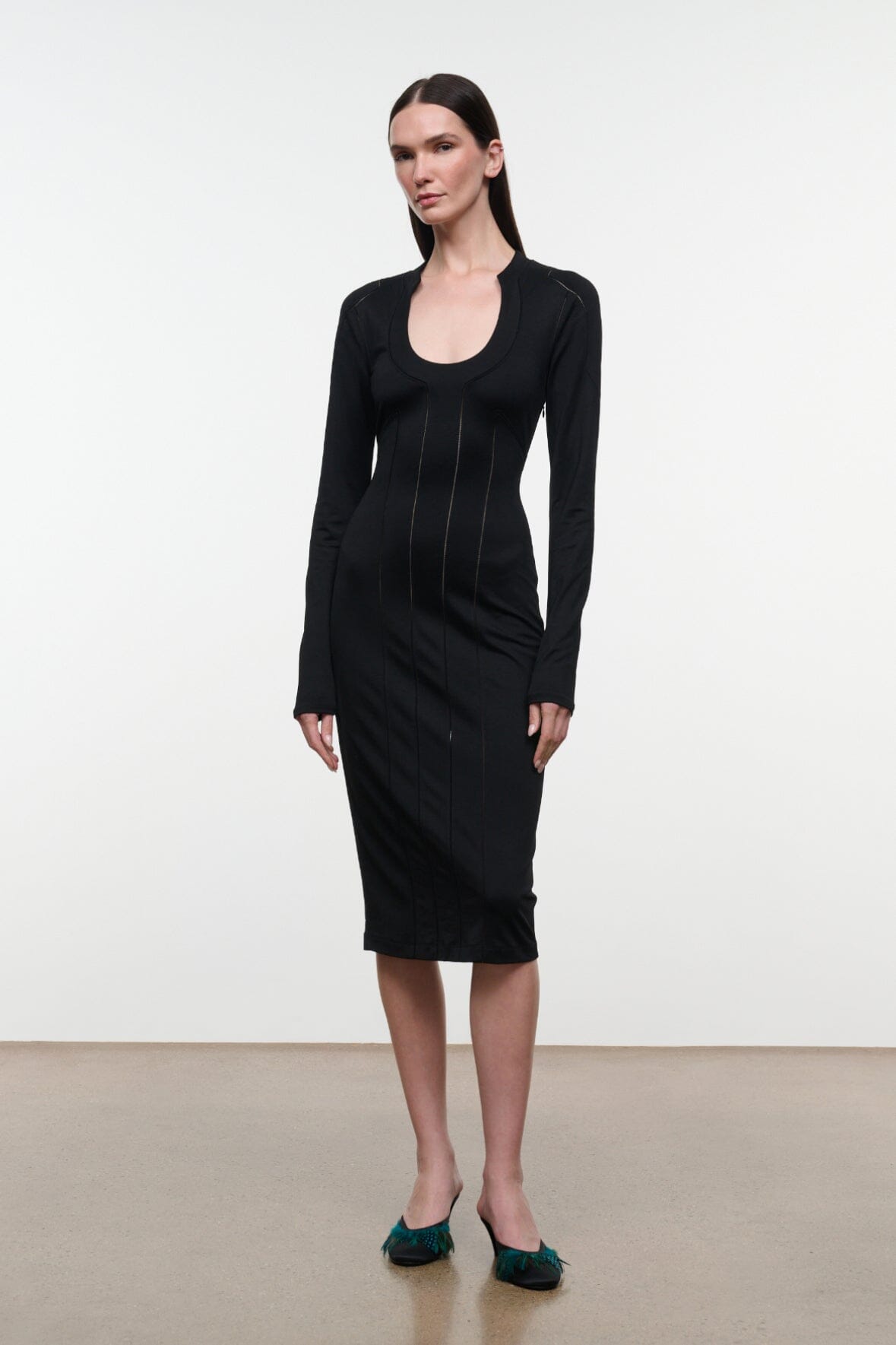 Black fitted midi sheath dress, long sleeves, scoop neckline, front view