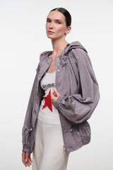 Zinc gray hooded jacket with front zip and drawstring hood
