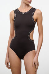 Black one-piece swimsuit with circular stud trim and front scoop neckline