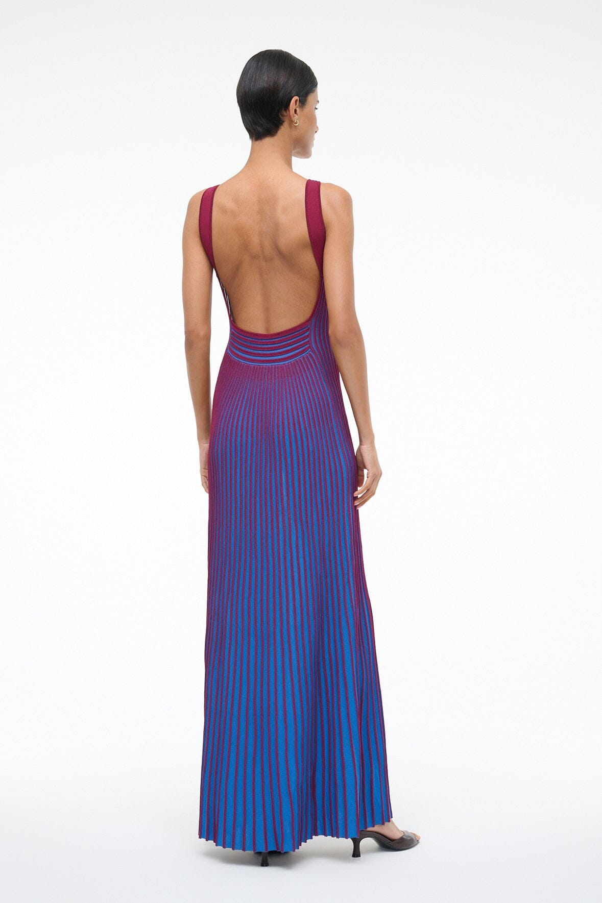 Open-back sleeveless striped maxi dress with blue and claret vertical stripe pattern