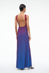 Open-back sleeveless striped maxi dress with blue and claret vertical stripe pattern