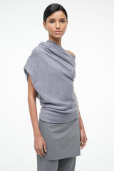 Heather-grey off-shoulder knit sweater with draped neckline and short sleeves