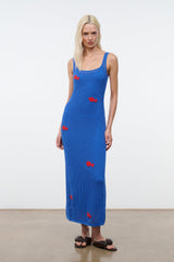 PIETRO sleeveless midi dress with red fish motifs and scoop neck