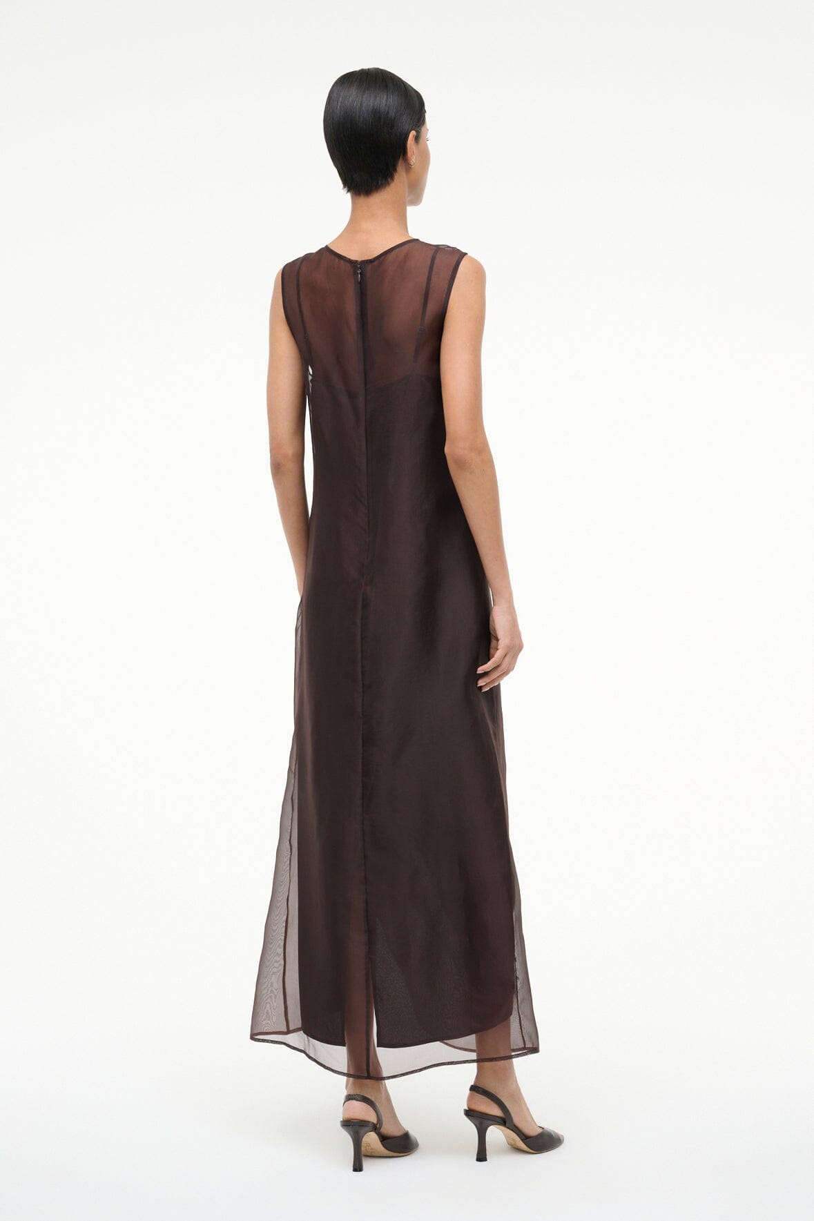 VIOLA dress dark brown maxi, back view with sheer panel and column silhouette