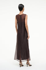 VIOLA dress dark brown maxi, back view with sheer panel and column silhouette