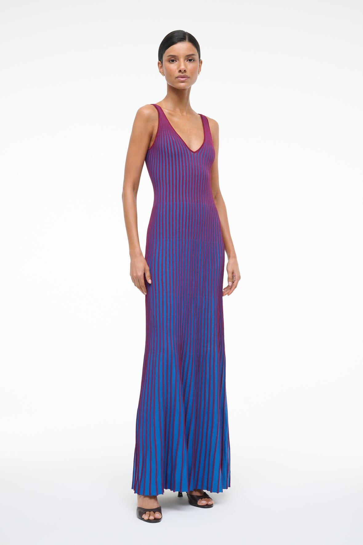 Sleeveless V-neck striped maxi dress, blue and claret vertical stripes