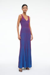Sleeveless V-neck striped maxi dress, blue and claret vertical stripes