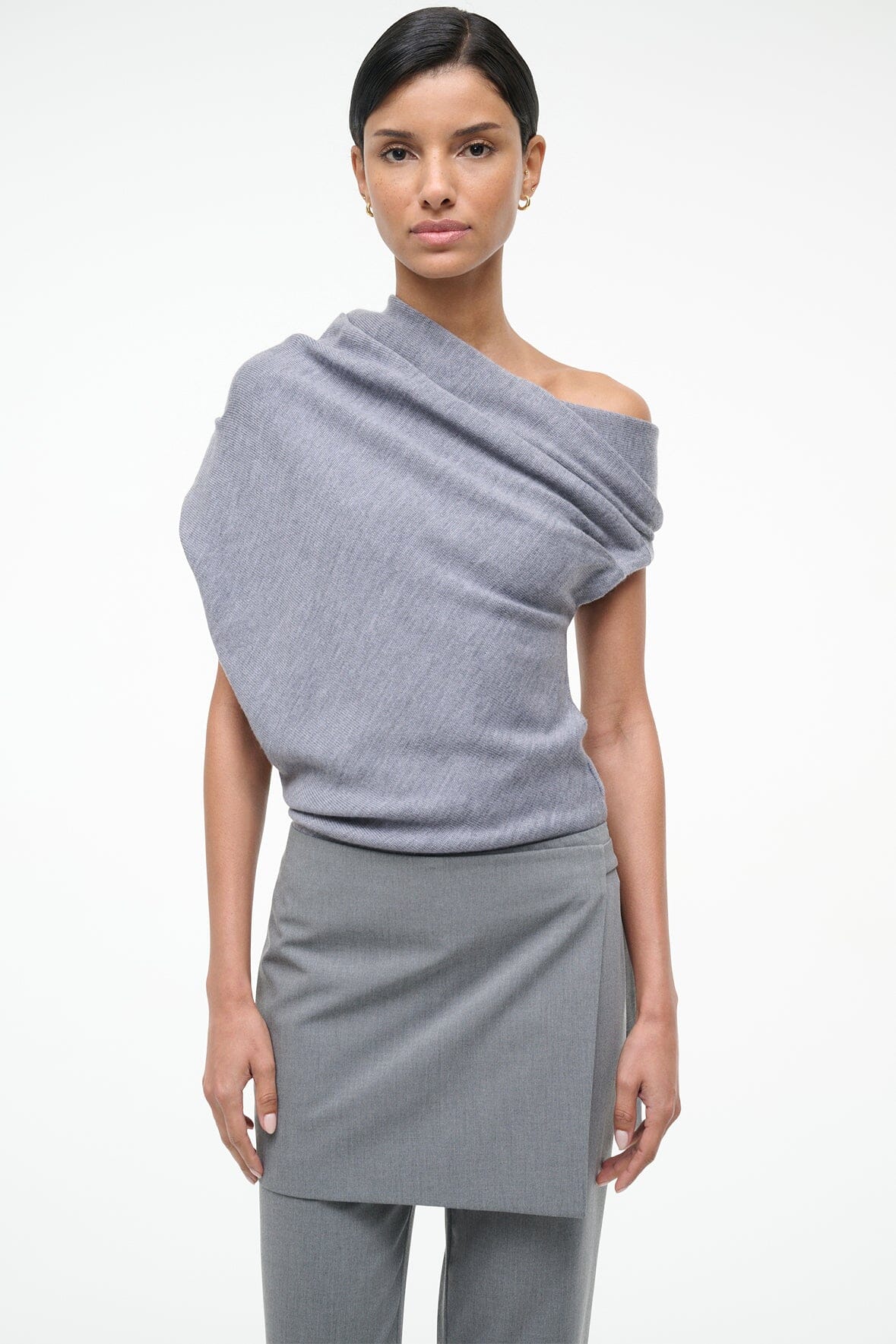 Heather-grey knit sweater with off-shoulder drape and short sleeves