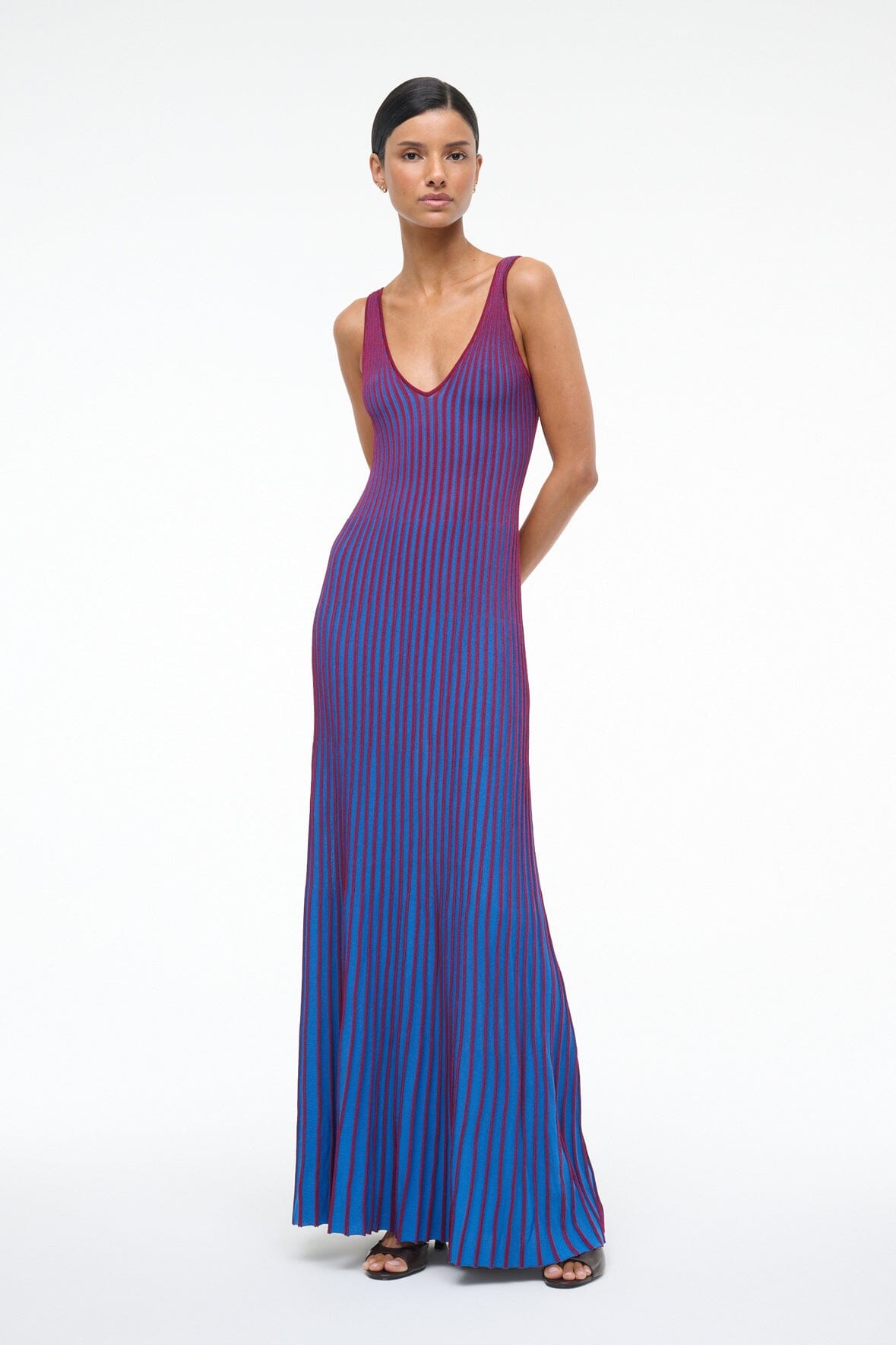 Sleeveless V-neck striped maxi dress with blue and claret vertical stripes