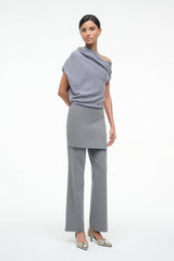Heather-grey off-shoulder knit sweater with draped detail and short sleeves