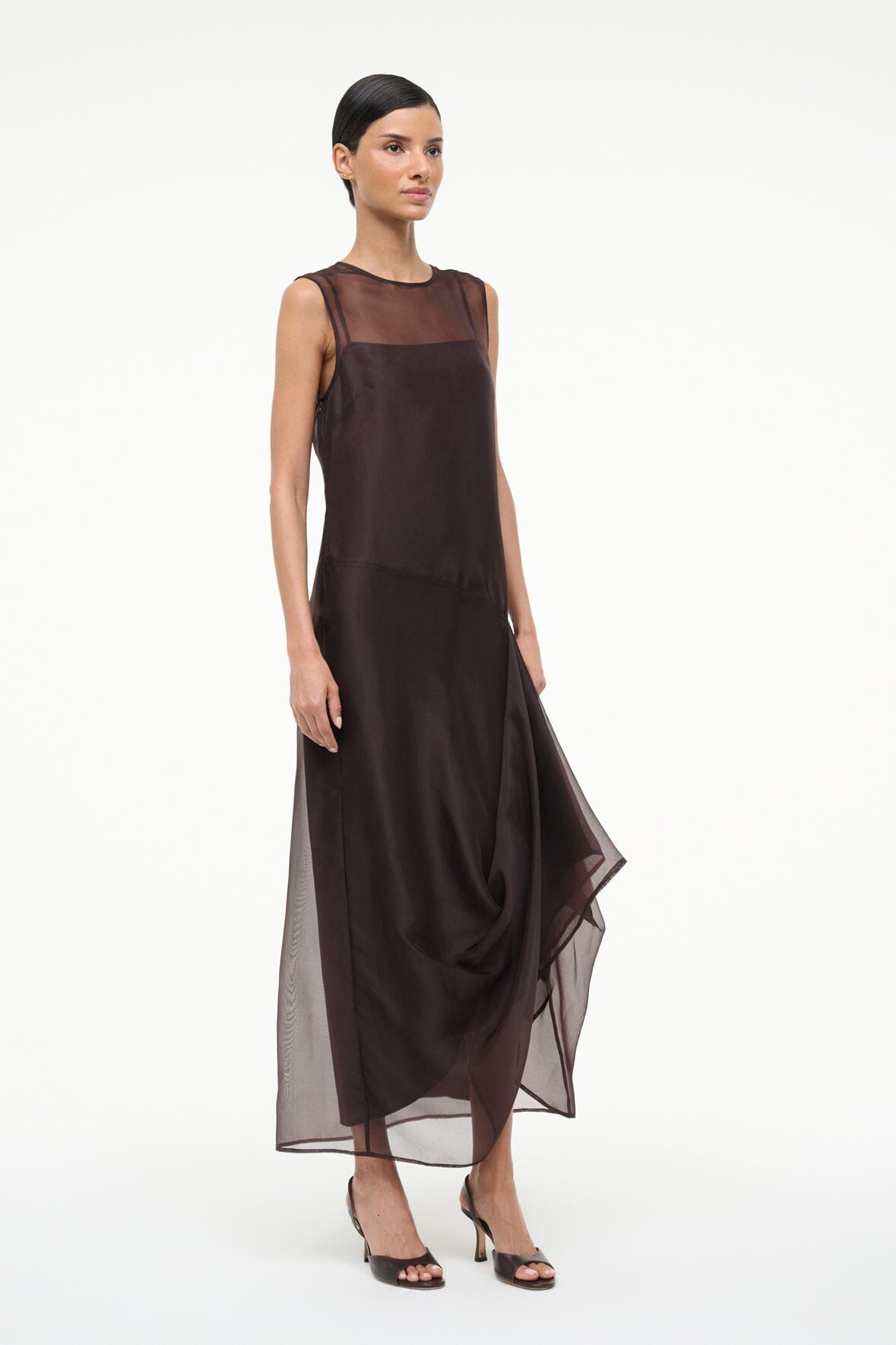 VIOLA dress, sleeveless dark brown maxi with side drape and sheer layered skirt