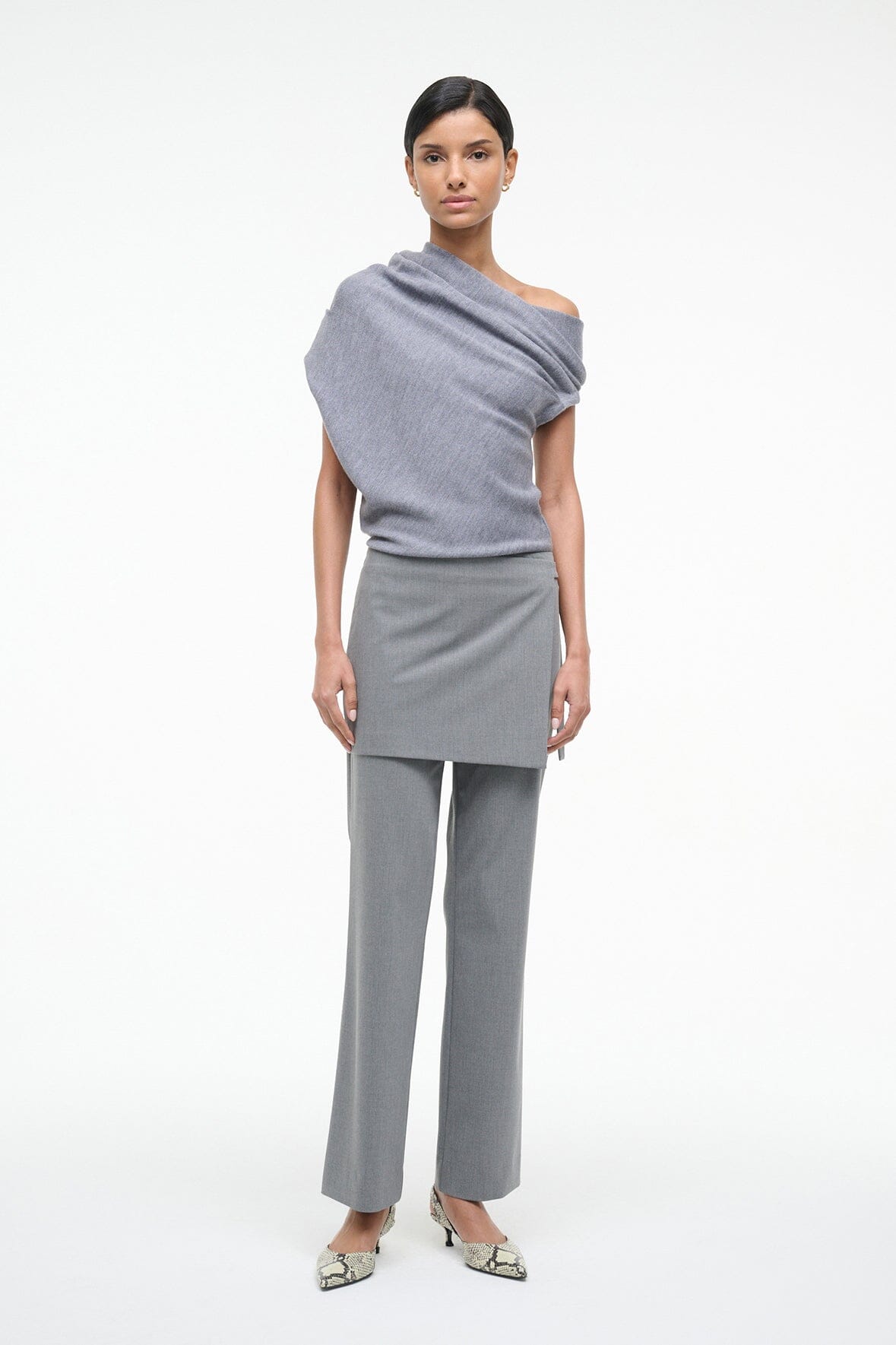 Heather-grey off-shoulder sweater in speckled knit with draped shoulder