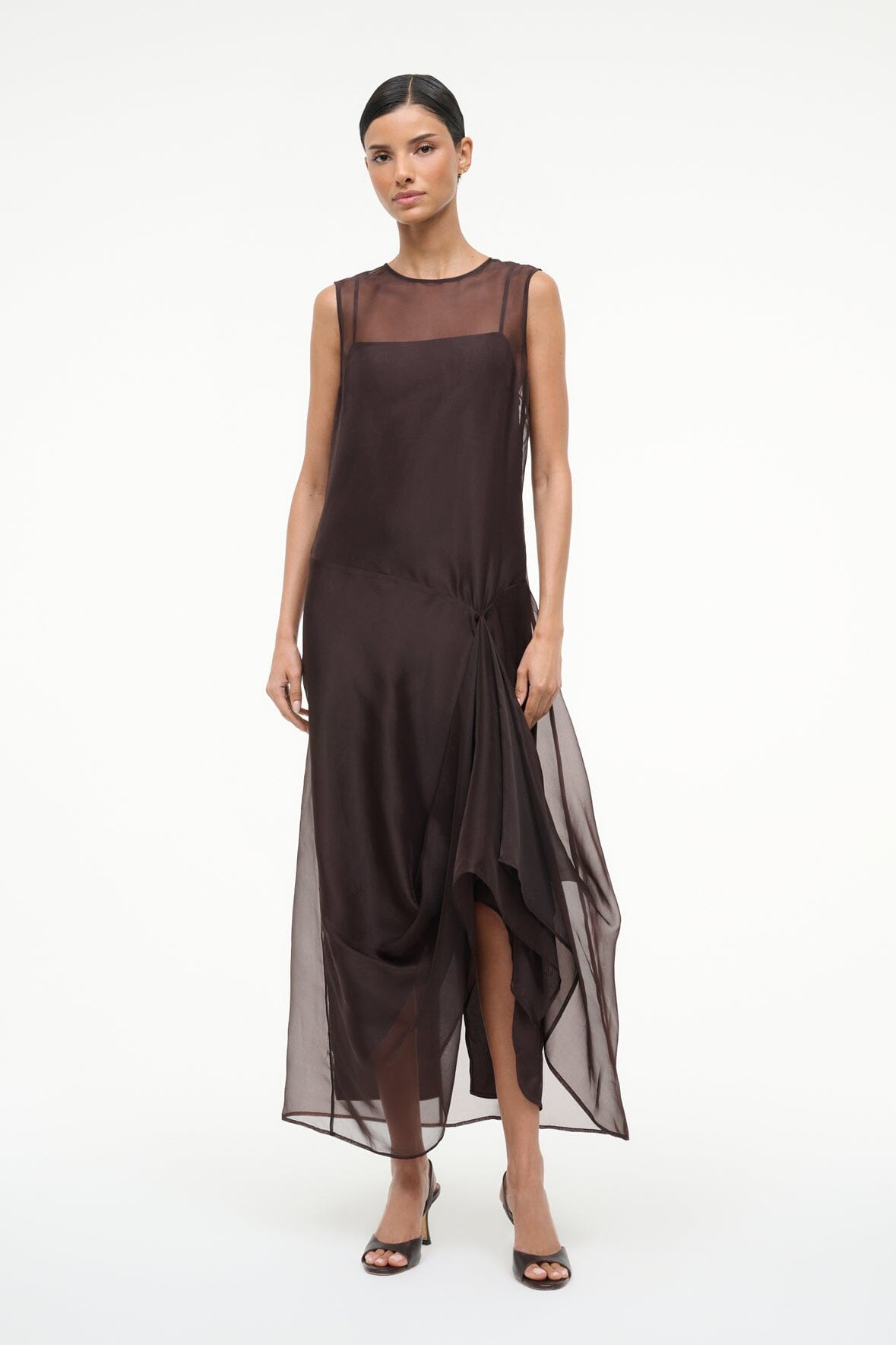 VIOLA dress dark brown, sleeveless with ruched knot waist and flowing asymmetrical skirt