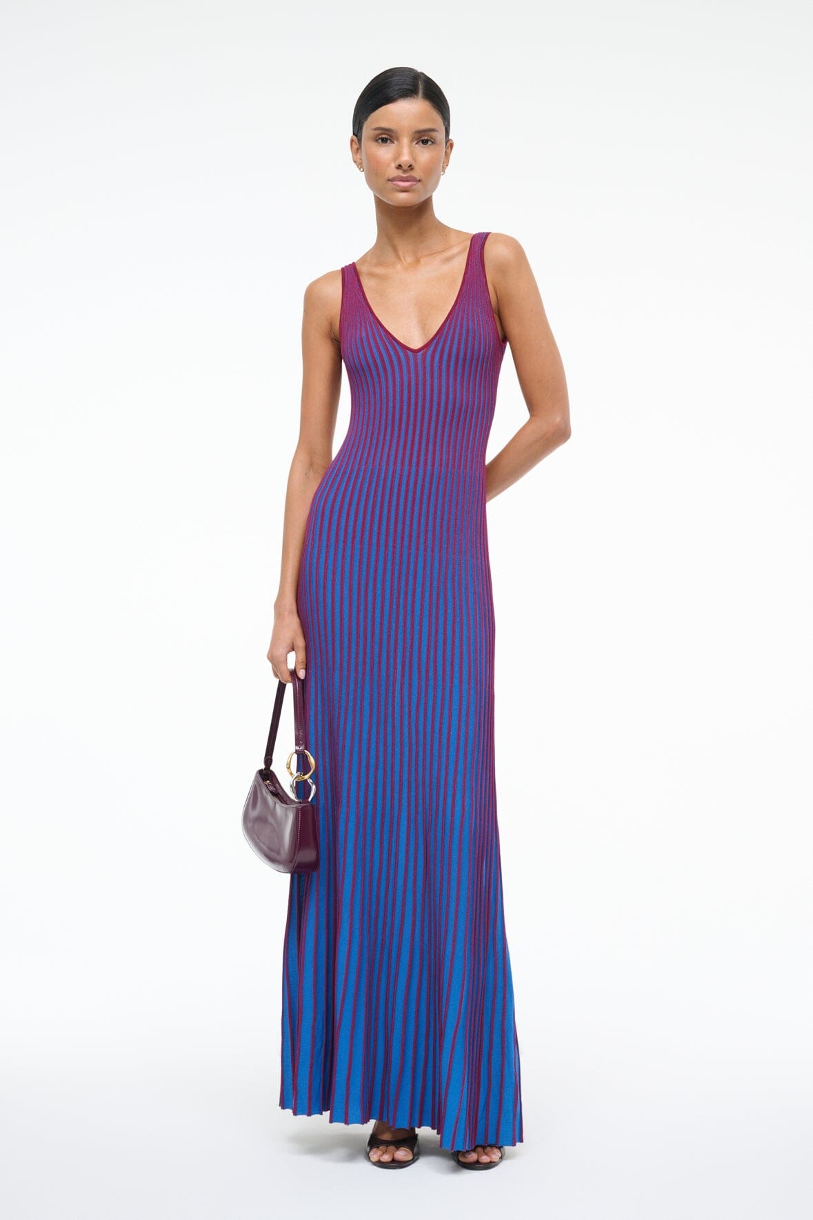 Sleeveless V-neck striped maxi dress in blue and claret vertical stripes