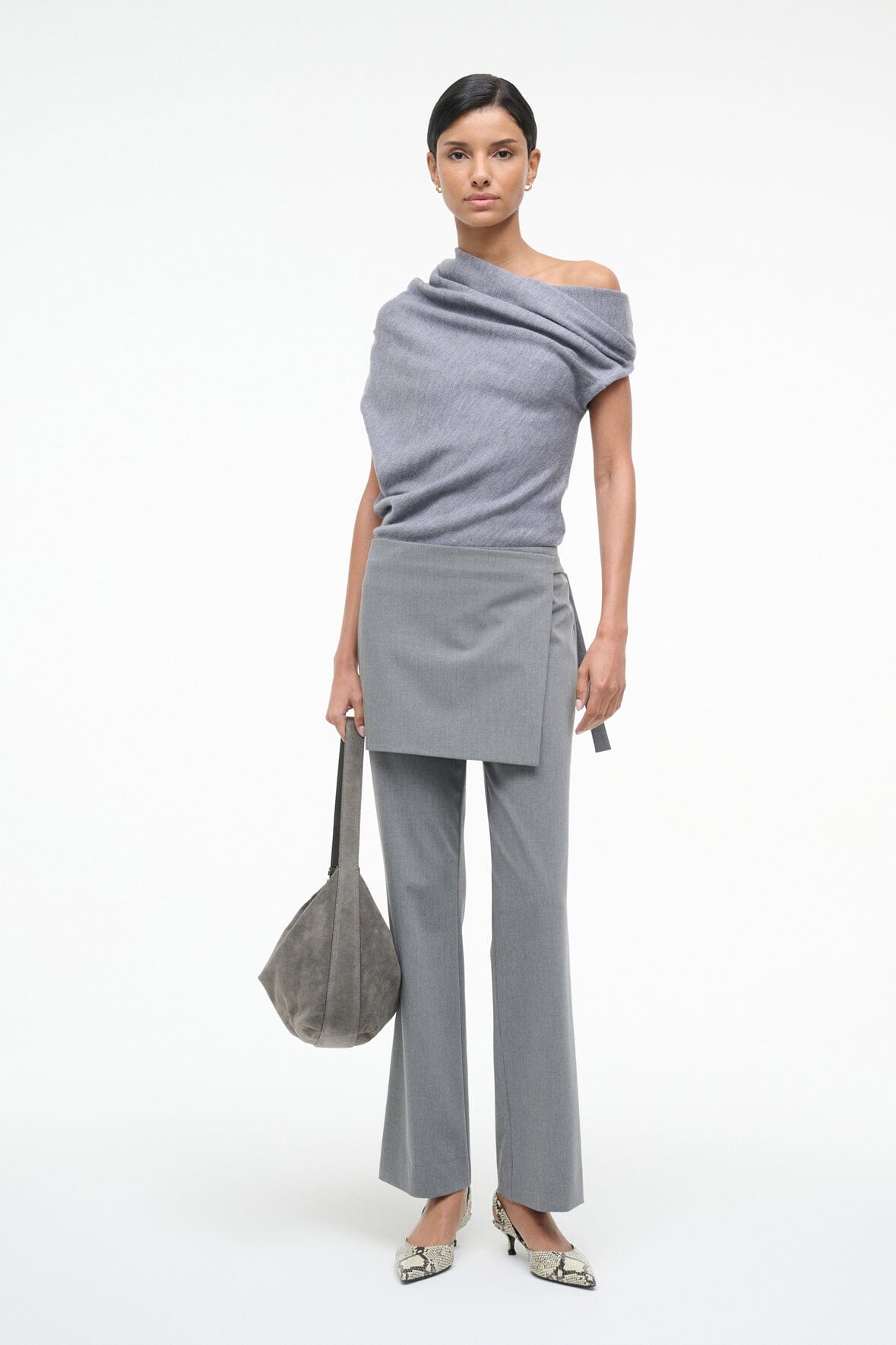 Heather-grey off-shoulder knit sweater with draped neckline and short sleeves