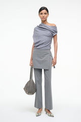 Heather-grey off-shoulder knit sweater with draped neckline and short sleeves