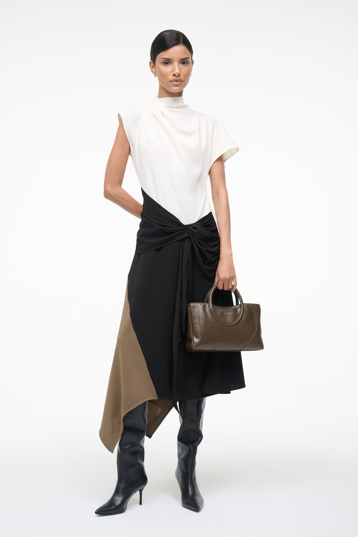Color-block wrap dress with short sleeves, black skirt and draped beige panel