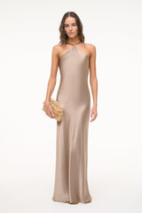 Dune satin maxi dress with halter neckline and thin spaghetti straps