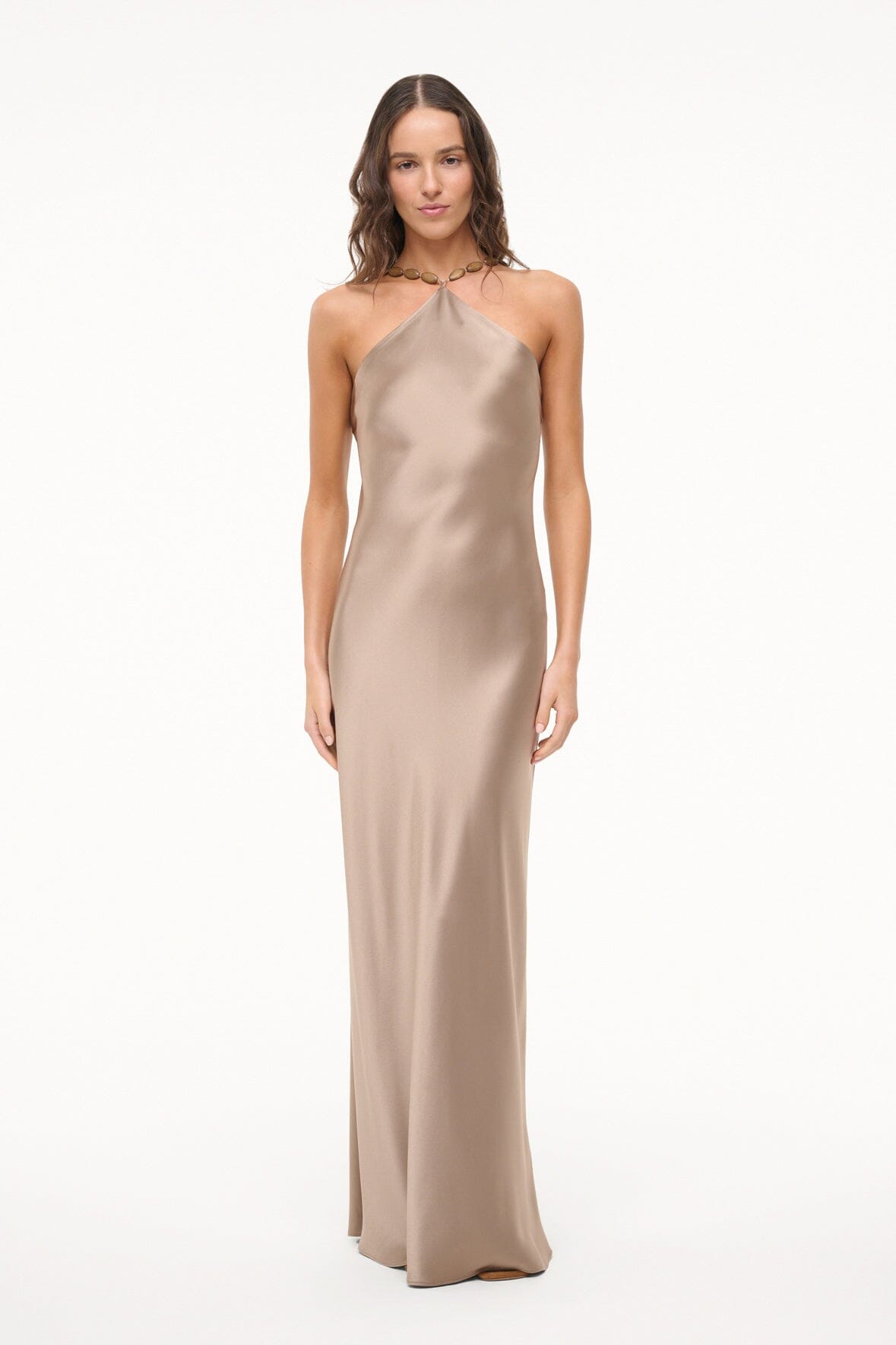 Dune satin maxi dress with halter neckline and smooth draped bodice