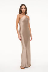 Dune satin maxi dress with halter neckline and open-back straps