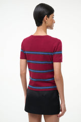 Crimson cashmere tee with horizontal striped back, crew neck short sleeves